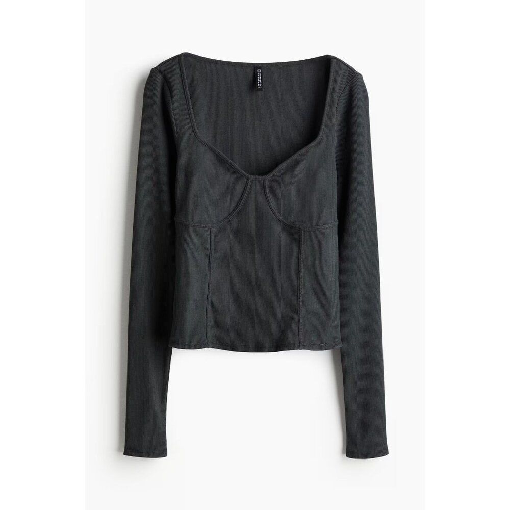 H&M Dark Gray Corset Style Ribbed Long Sleeve Top